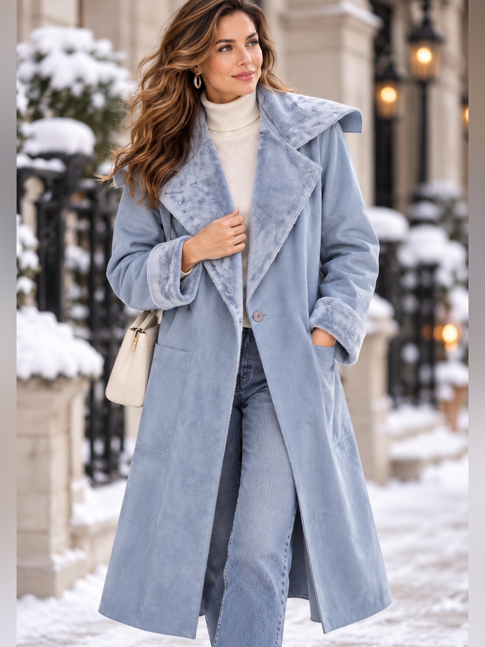 Linda Lundström Powder Blue Faux Suede Faux Fur Long Coat
